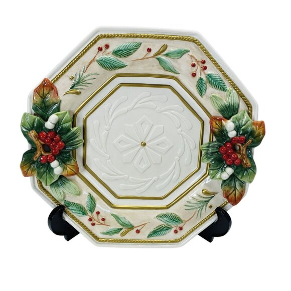 Fitz & Floyd Winter Wonderland Handcrafted Octagonal Plate Holly Berries12 in - Picture 1 of 5
